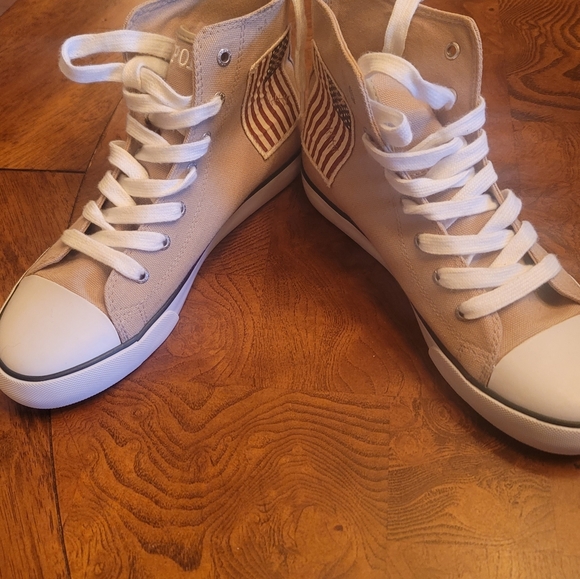 Polo Ralph Lauren Tan Red Blue White High Top Sneakers Size 6/8 - Picture 2 of 6